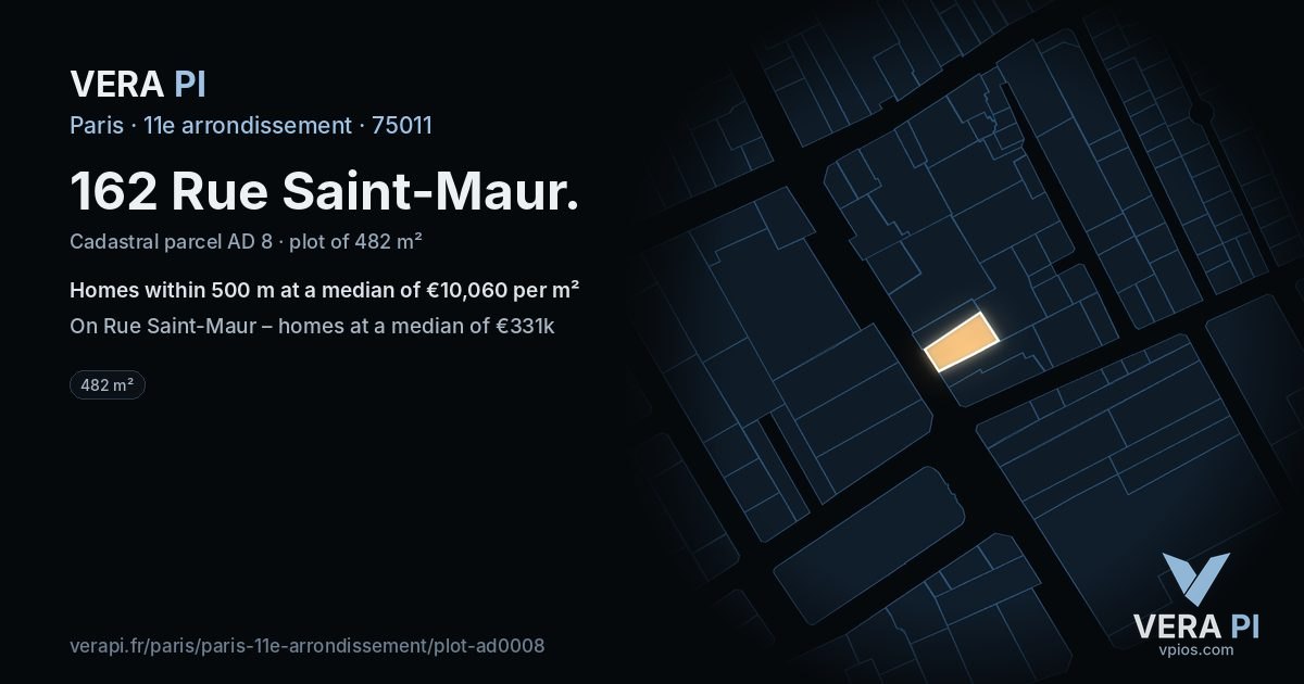 162 Rue Saint-Maur, 11e arrondissement at night – the plot lit, the parcels around coloured by the prices near them