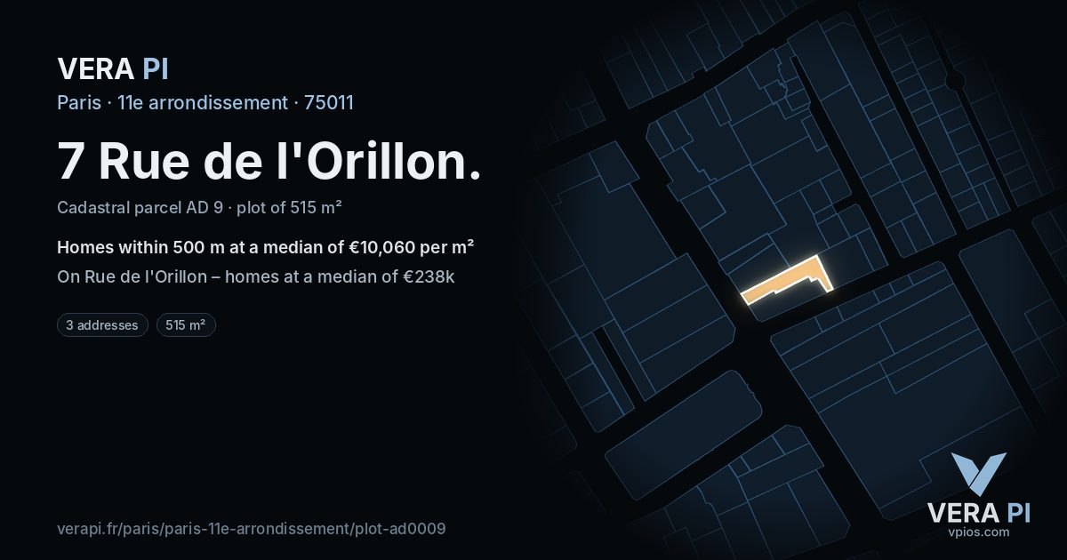 7 Rue de l'Orillon, 11e arrondissement at night – the plot lit, the parcels around coloured by the prices near them