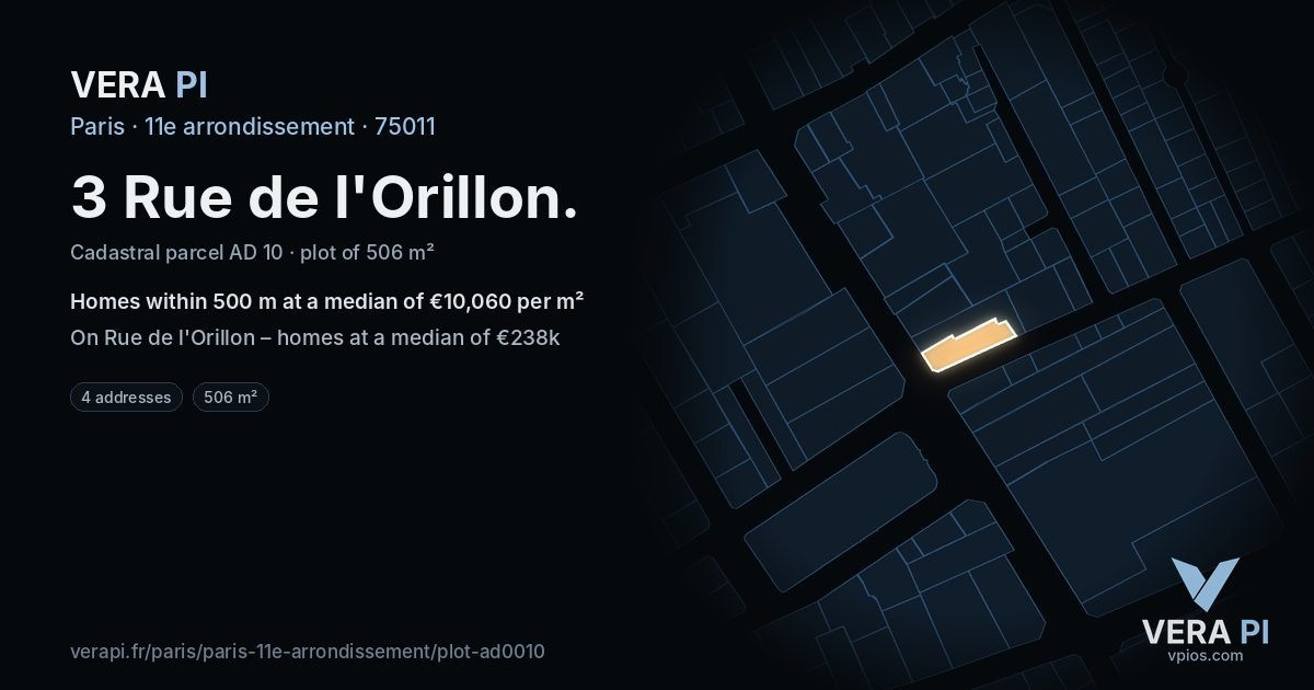 3 Rue de l'Orillon, 11e arrondissement at night – the plot lit, the parcels around coloured by the prices near them