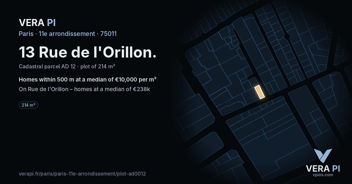 13 Rue de l'Orillon, 11e arrondissement at night – the plot lit, the parcels around coloured by the prices near them