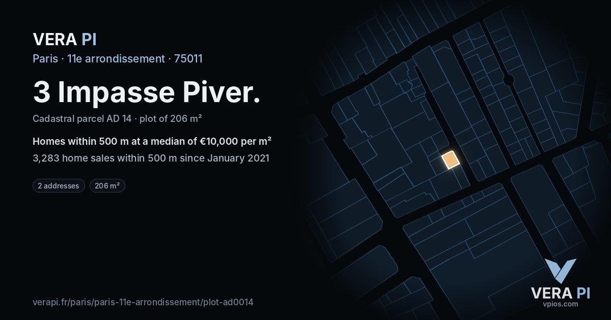 3 Impasse Piver, 11e arrondissement at night – the plot lit, the parcels around coloured by the prices near them