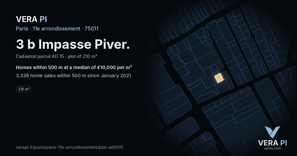 3 b Impasse Piver, 11e arrondissement at night – the plot lit, the parcels around coloured by the prices near them
