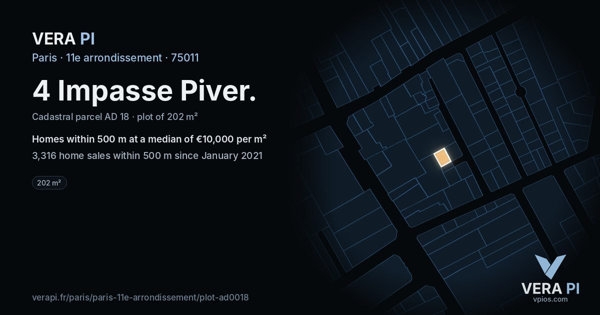 4 Impasse Piver, 11e arrondissement at night – the plot lit, the parcels around coloured by the prices near them
