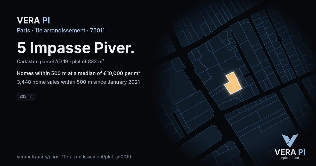 5 Impasse Piver, 11e arrondissement at night – the plot lit, the parcels around coloured by the prices near them