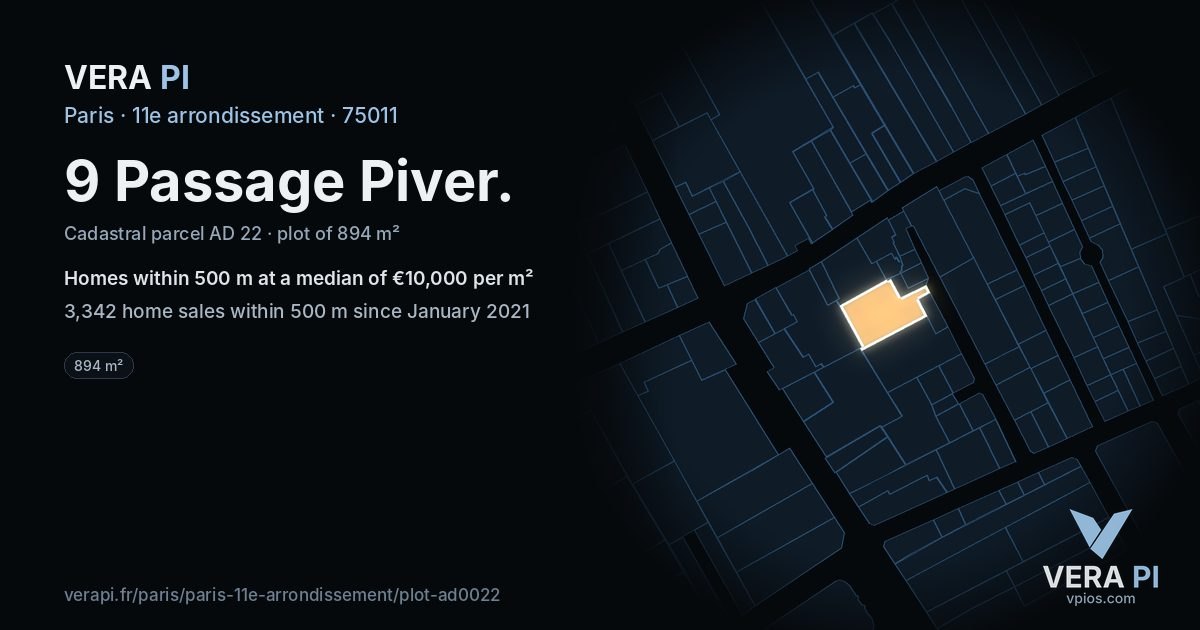 9 Passage Piver, 11e arrondissement at night – the plot lit, the parcels around coloured by the prices near them