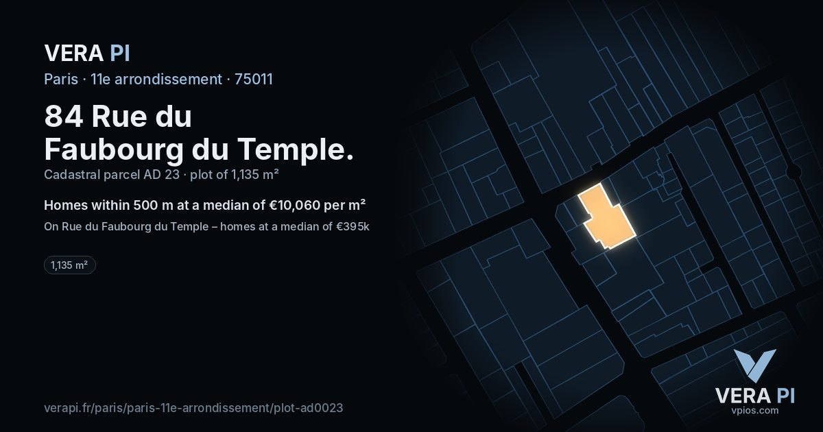84 Rue du Faubourg du Temple, 11e arrondissement at night – the plot lit, the parcels around coloured by the prices near them