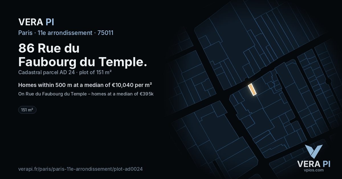 86 Rue du Faubourg du Temple, 11e arrondissement at night – the plot lit, the parcels around coloured by the prices near them
