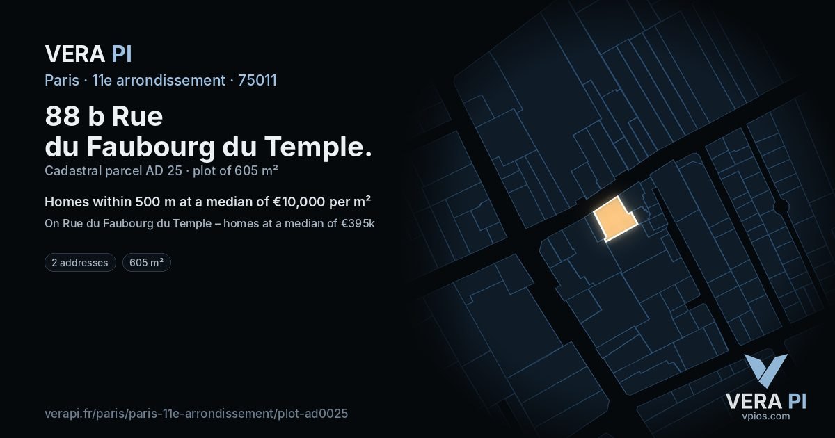 88 b Rue du Faubourg du Temple, 11e arrondissement at night – the plot lit, the parcels around coloured by the prices near them