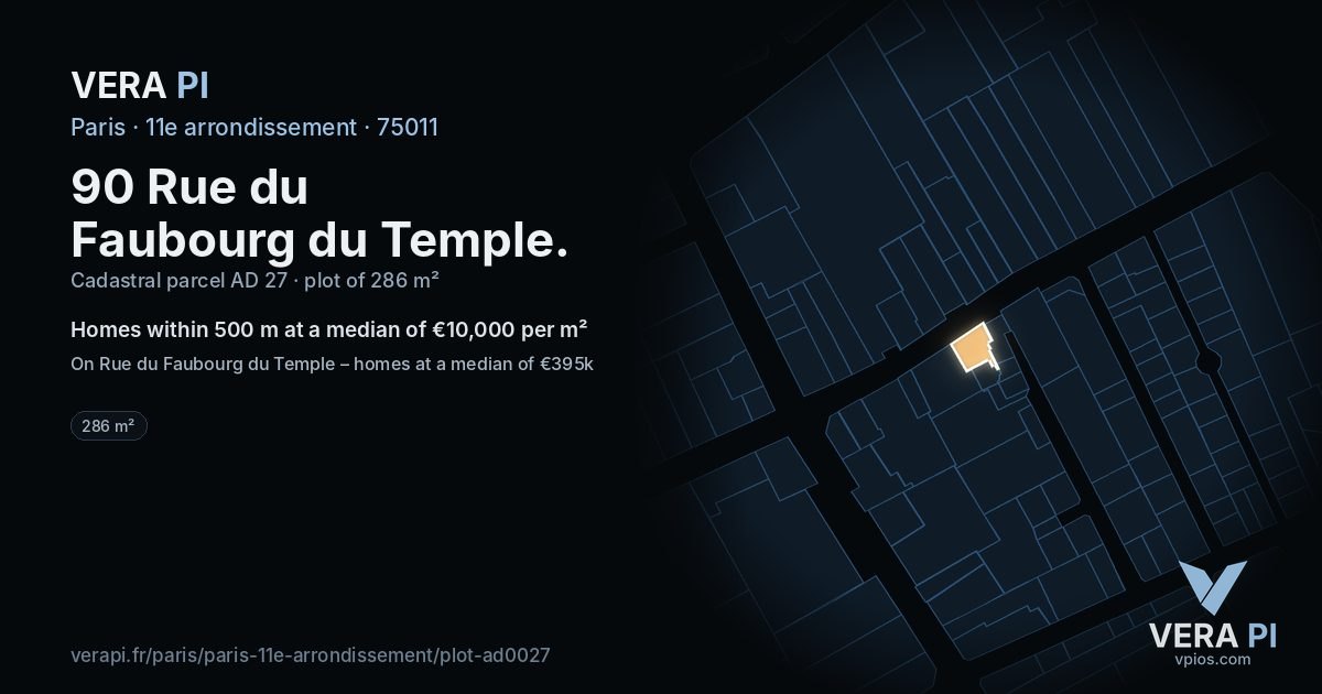 90 Rue du Faubourg du Temple, 11e arrondissement at night – the plot lit, the parcels around coloured by the prices near them
