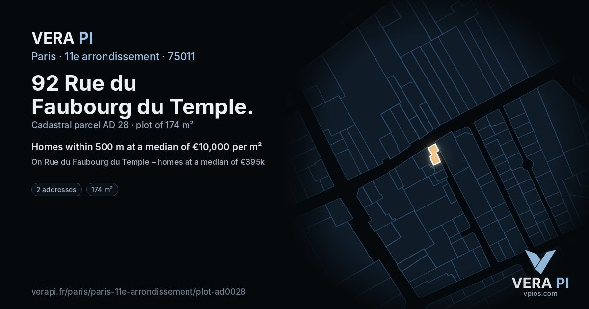 92 Rue du Faubourg du Temple, 11e arrondissement at night – the plot lit, the parcels around coloured by the prices near them