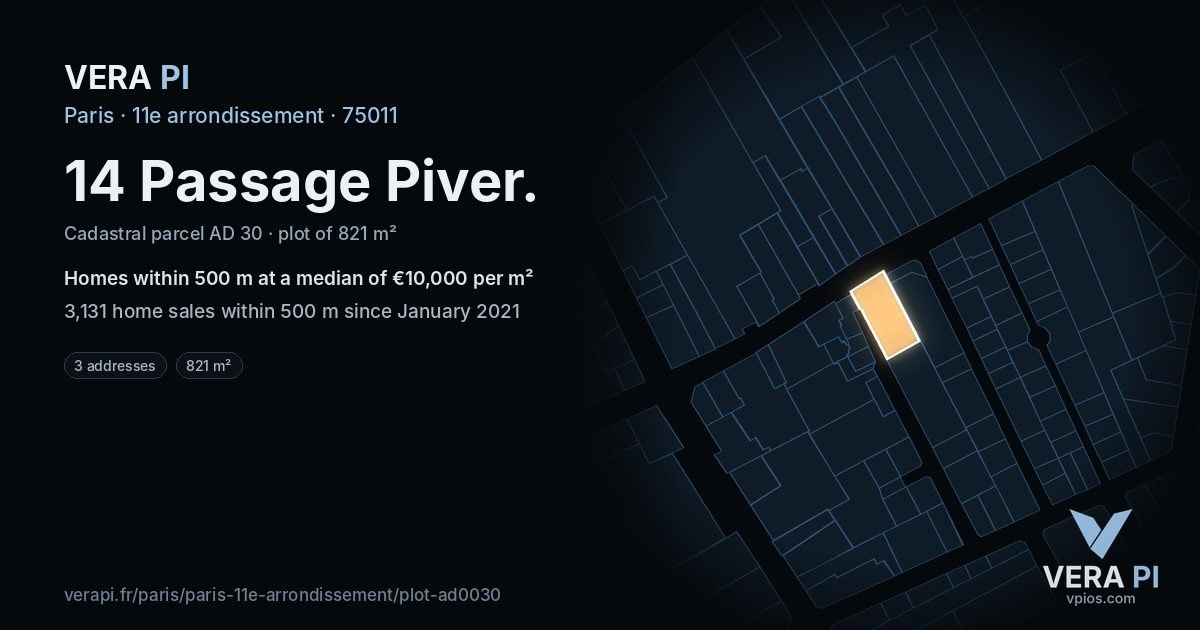 14 Passage Piver, 11e arrondissement at night – the plot lit, the parcels around coloured by the prices near them