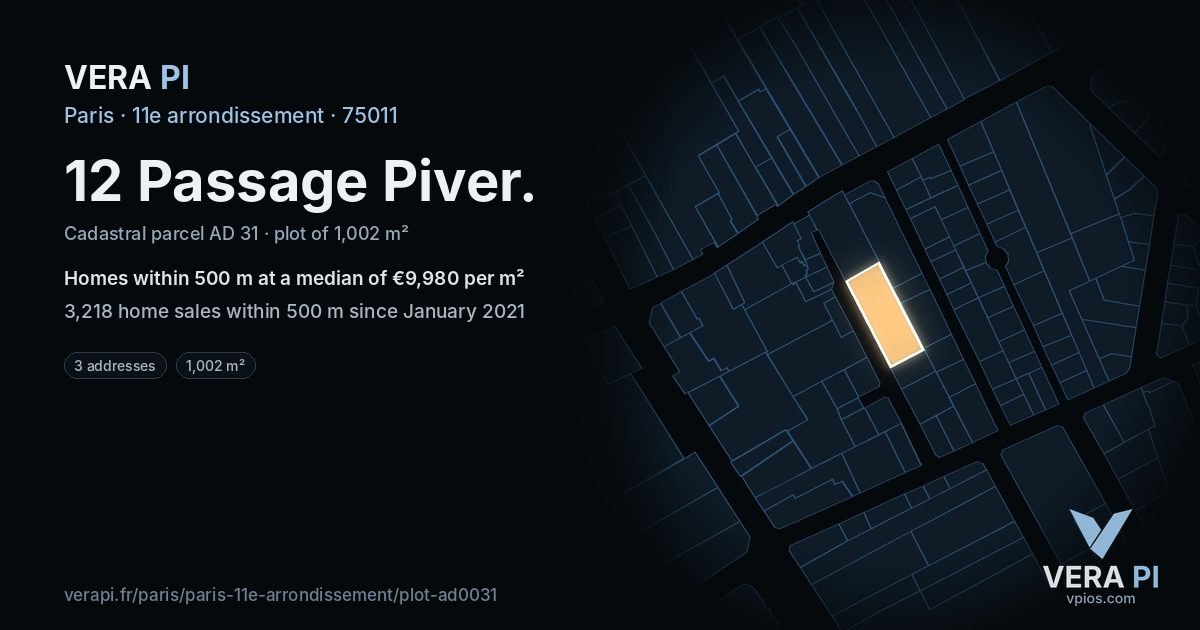 12 Passage Piver, 11e arrondissement at night – the plot lit, the parcels around coloured by the prices near them
