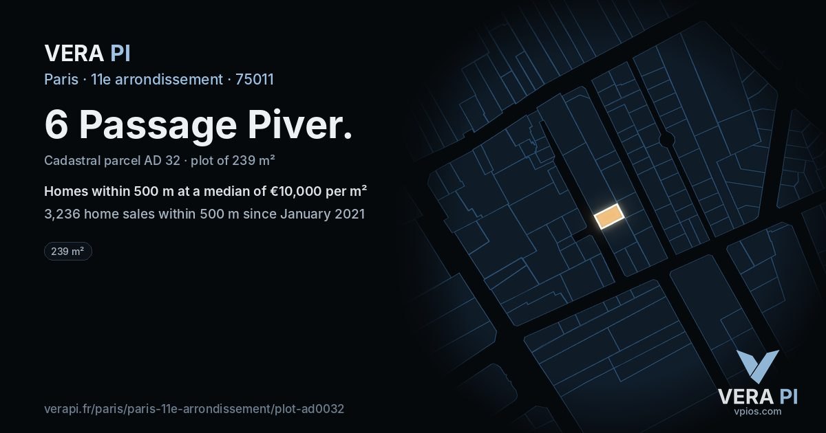 6 Passage Piver, 11e arrondissement at night – the plot lit, the parcels around coloured by the prices near them