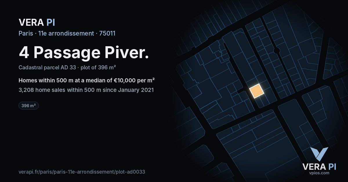 4 Passage Piver, 11e arrondissement at night – the plot lit, the parcels around coloured by the prices near them
