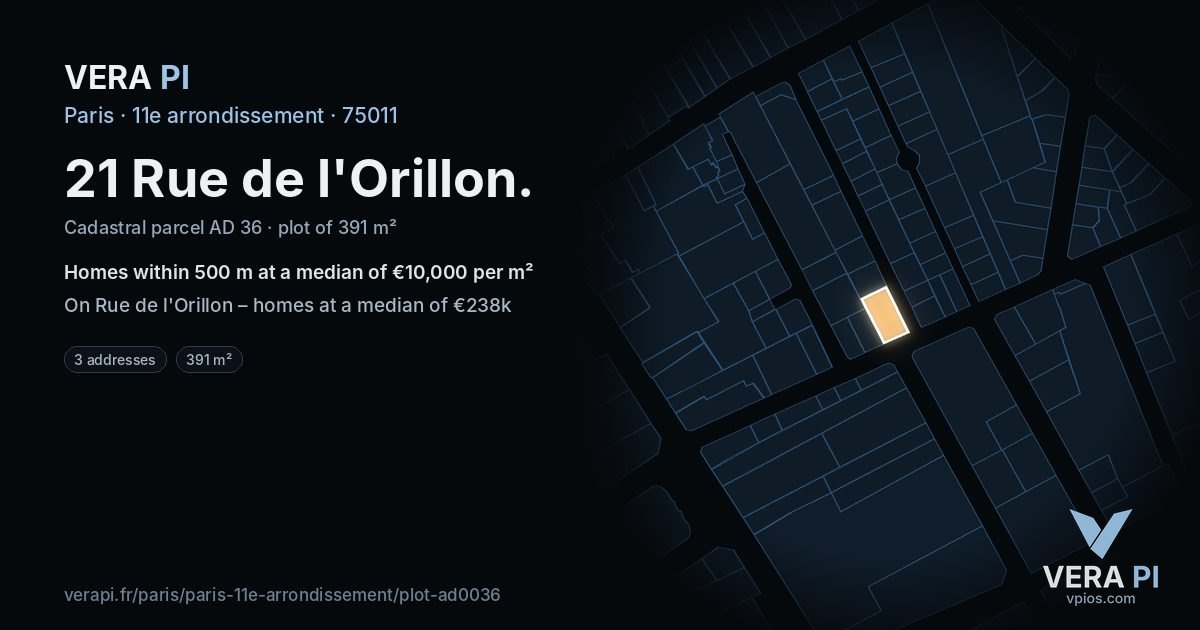 21 Rue de l'Orillon, 11e arrondissement at night – the plot lit, the parcels around coloured by the prices near them