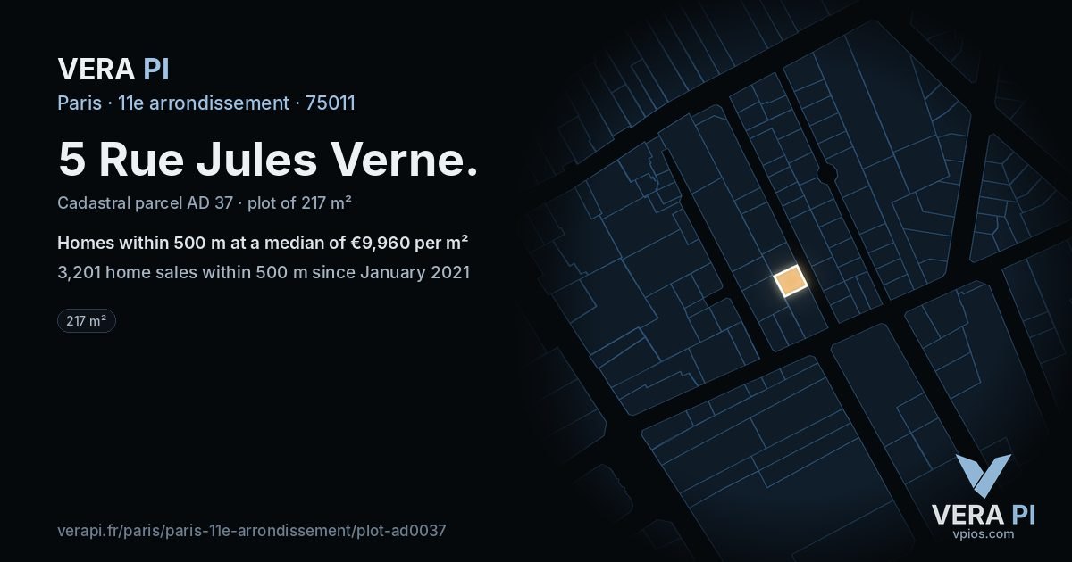 5 Rue Jules Verne, 11e arrondissement at night – the plot lit, the parcels around coloured by the prices near them