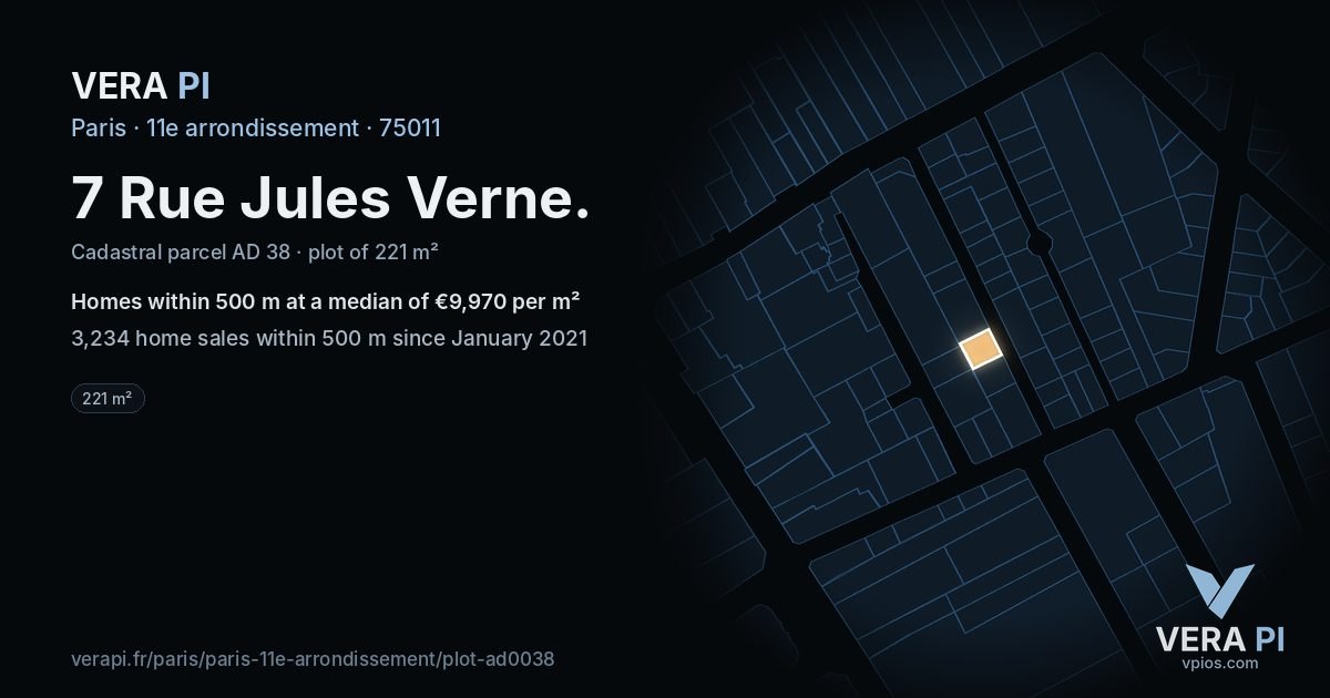 7 Rue Jules Verne, 11e arrondissement at night – the plot lit, the parcels around coloured by the prices near them