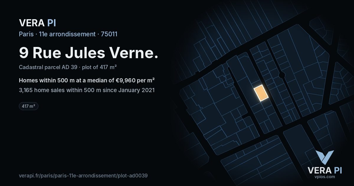 9 Rue Jules Verne, 11e arrondissement at night – the plot lit, the parcels around coloured by the prices near them