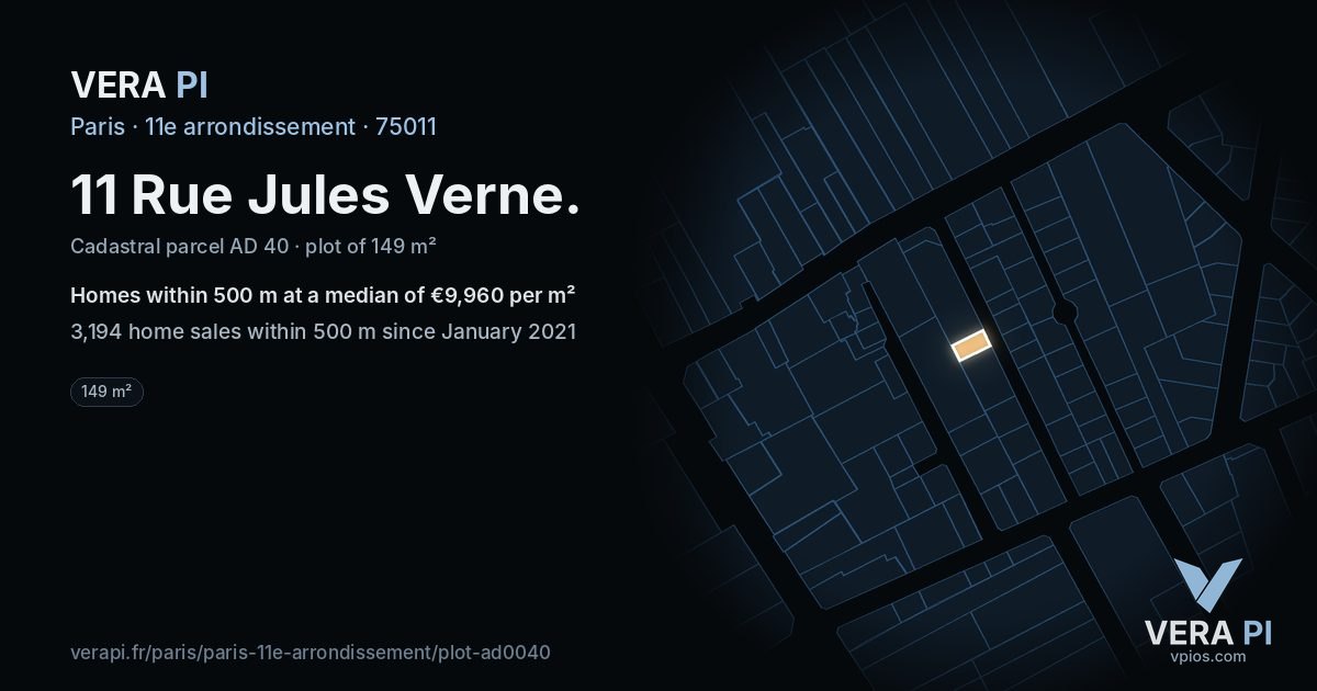 11 Rue Jules Verne, 11e arrondissement at night – the plot lit, the parcels around coloured by the prices near them