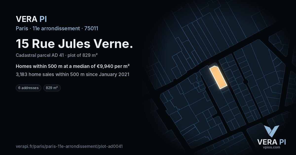 15 Rue Jules Verne, 11e arrondissement at night – the plot lit, the parcels around coloured by the prices near them