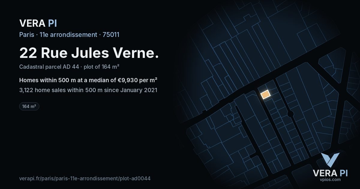 22 Rue Jules Verne, 11e arrondissement at night – the plot lit, the parcels around coloured by the prices near them