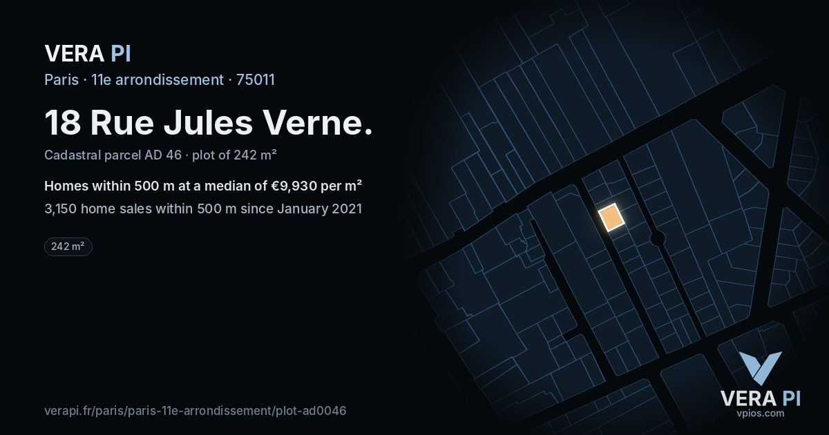 18 Rue Jules Verne, 11e arrondissement at night – the plot lit, the parcels around coloured by the prices near them