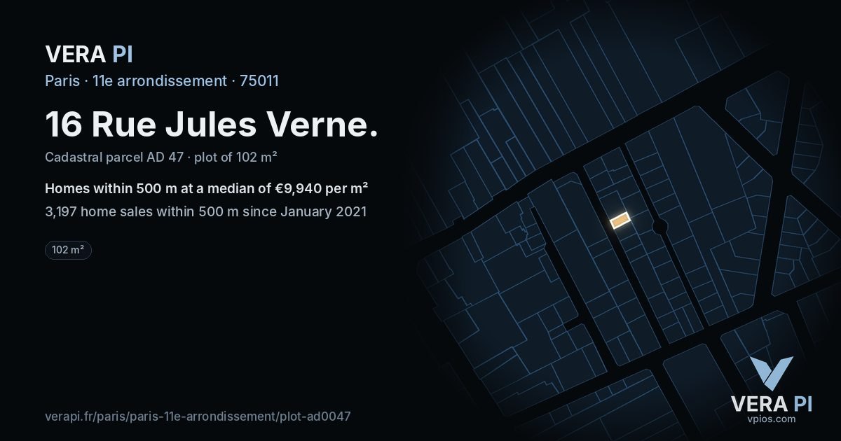16 Rue Jules Verne, 11e arrondissement at night – the plot lit, the parcels around coloured by the prices near them