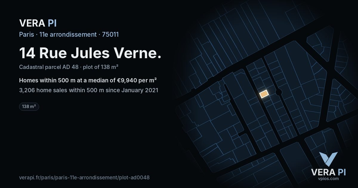 14 Rue Jules Verne, 11e arrondissement at night – the plot lit, the parcels around coloured by the prices near them