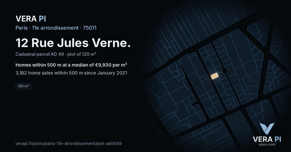 12 Rue Jules Verne, 11e arrondissement at night – the plot lit, the parcels around coloured by the prices near them