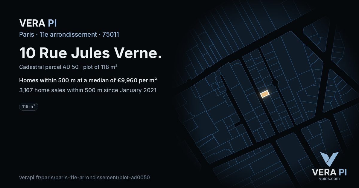 10 Rue Jules Verne, 11e arrondissement at night – the plot lit, the parcels around coloured by the prices near them