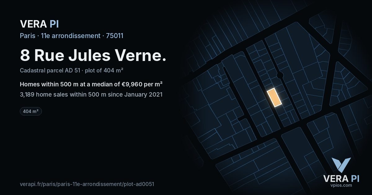 8 Rue Jules Verne, 11e arrondissement at night – the plot lit, the parcels around coloured by the prices near them