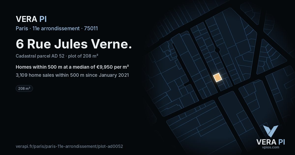 6 Rue Jules Verne, 11e arrondissement at night – the plot lit, the parcels around coloured by the prices near them