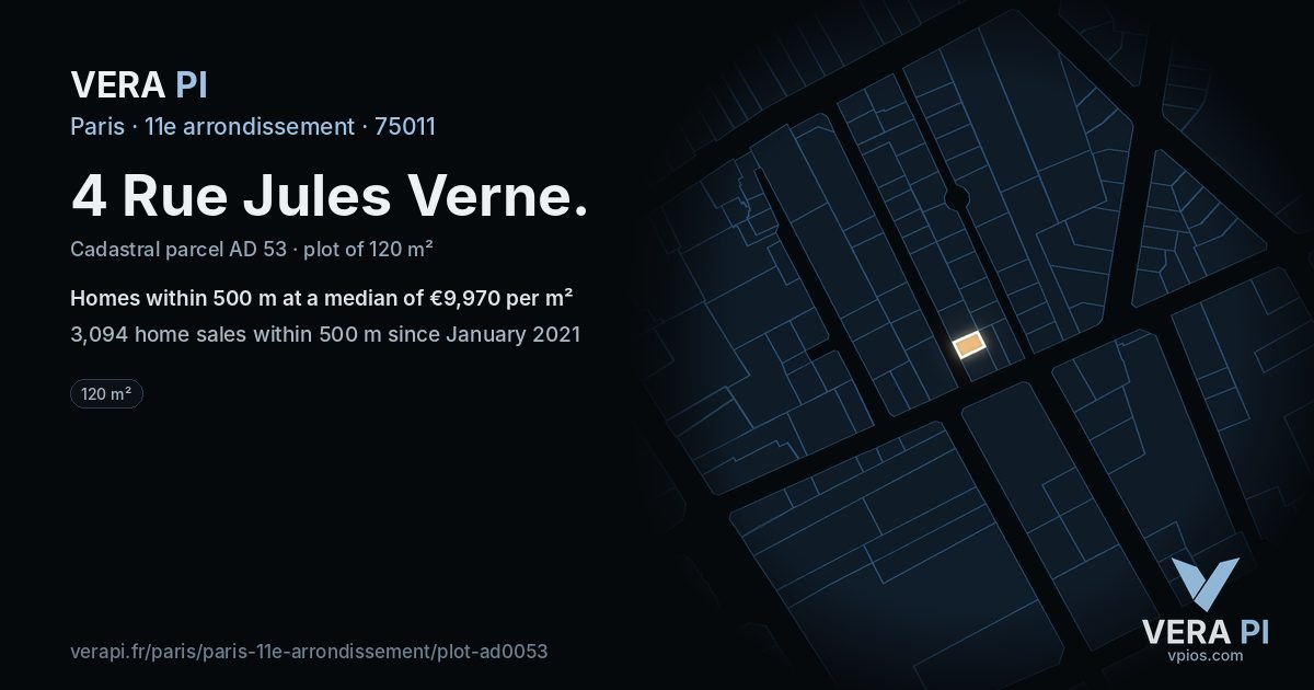 4 Rue Jules Verne, 11e arrondissement at night – the plot lit, the parcels around coloured by the prices near them