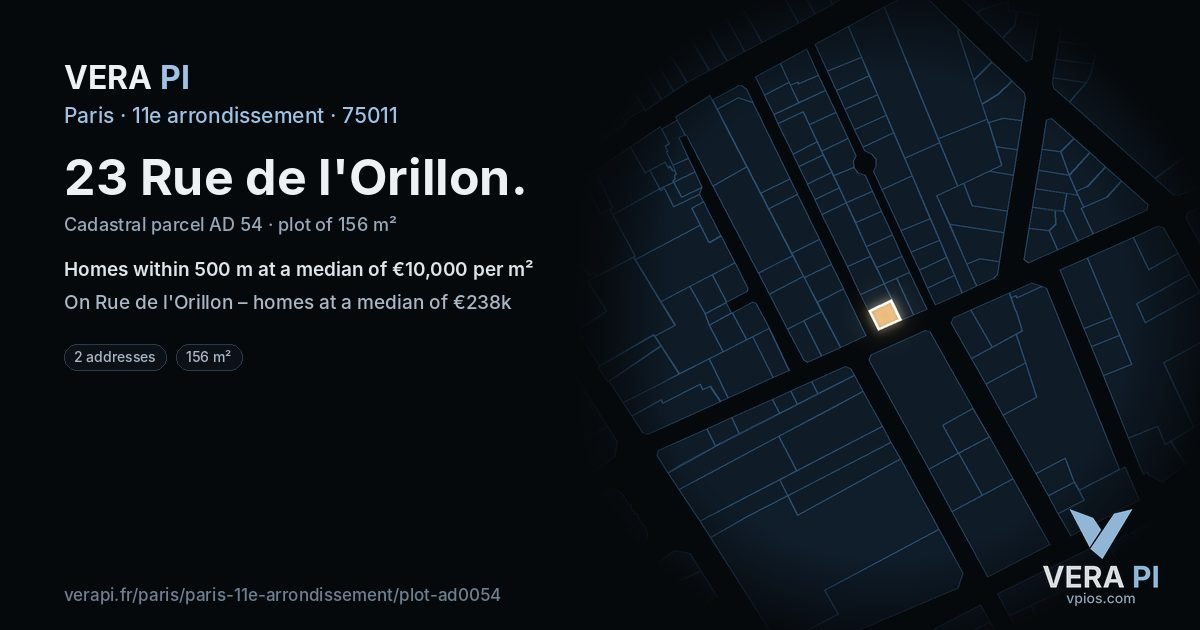 23 Rue de l'Orillon, 11e arrondissement at night – the plot lit, the parcels around coloured by the prices near them