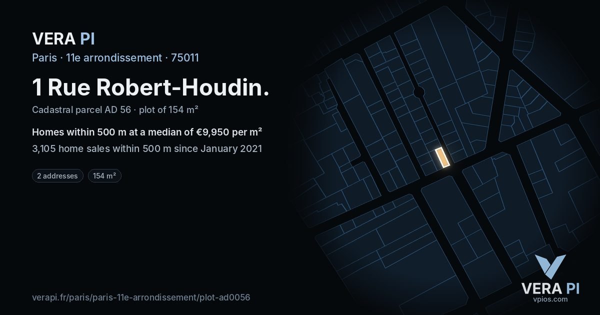 1 Rue Robert-Houdin, 11e arrondissement at night – the plot lit, the parcels around coloured by the prices near them