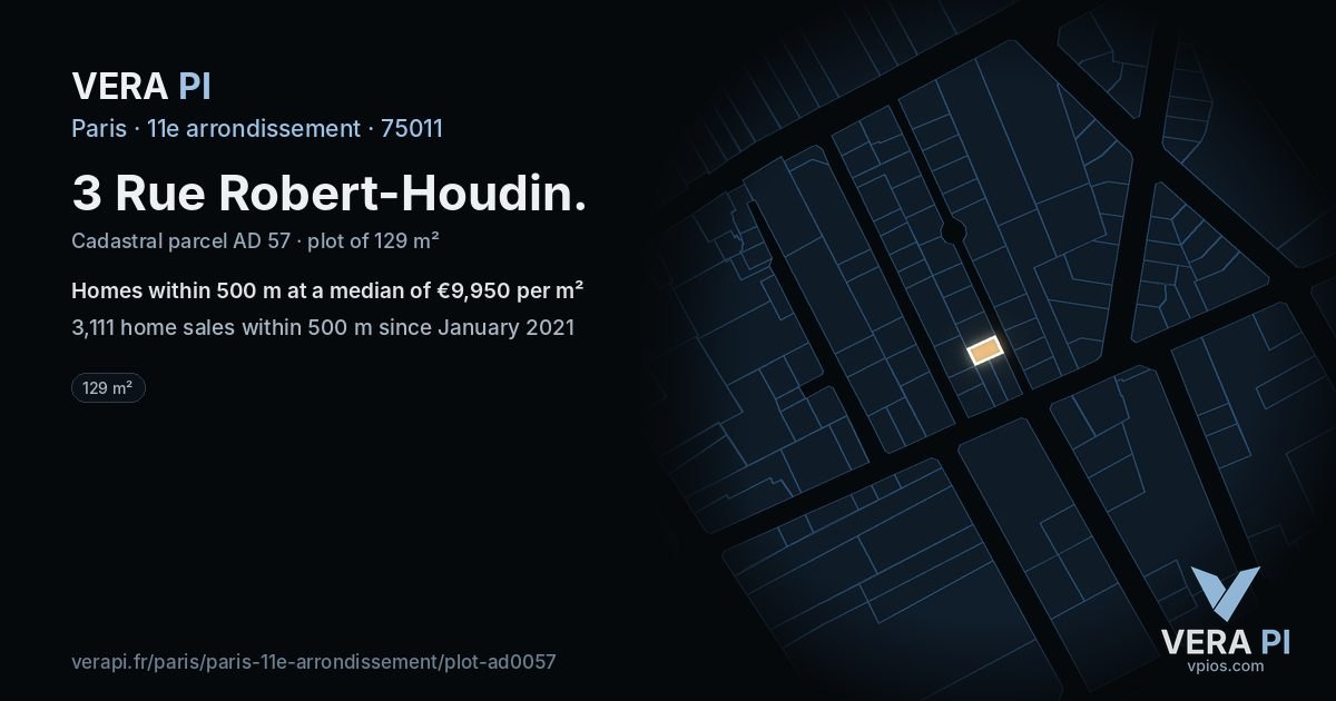 3 Rue Robert-Houdin, 11e arrondissement at night – the plot lit, the parcels around coloured by the prices near them
