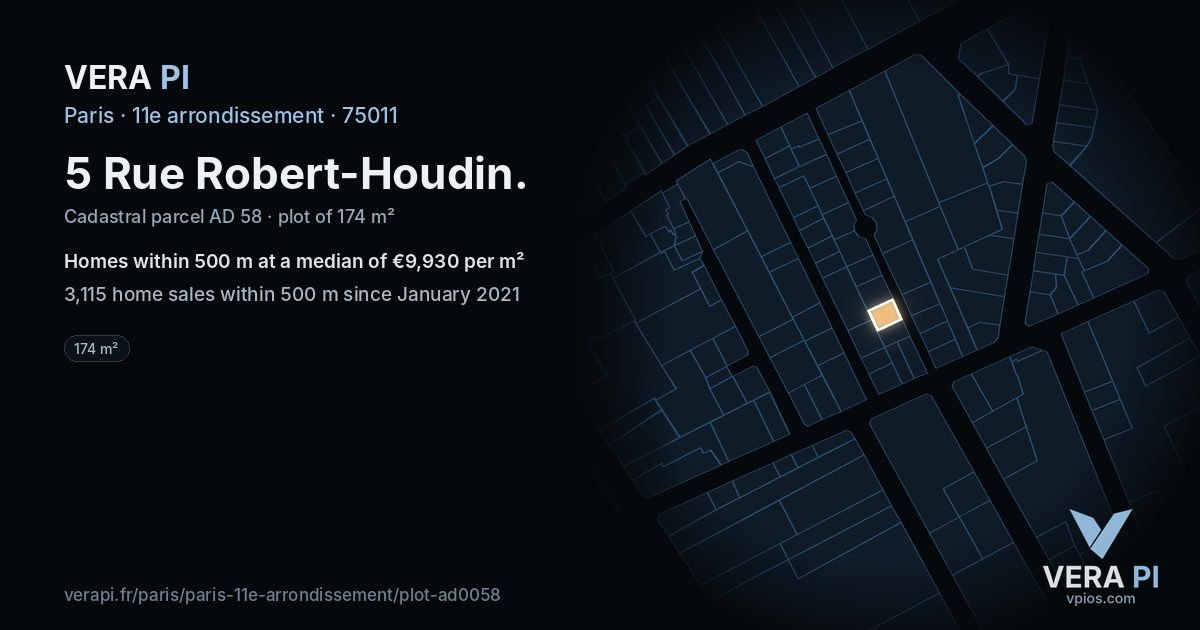 5 Rue Robert-Houdin, 11e arrondissement at night – the plot lit, the parcels around coloured by the prices near them
