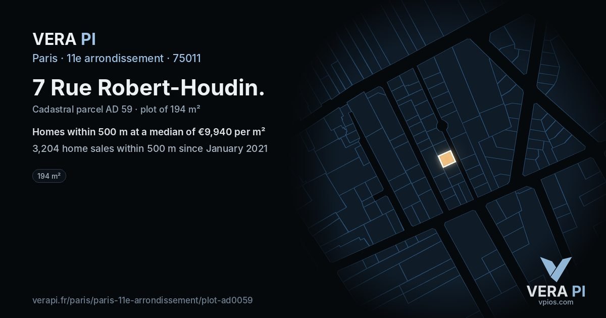 7 Rue Robert-Houdin, 11e arrondissement at night – the plot lit, the parcels around coloured by the prices near them