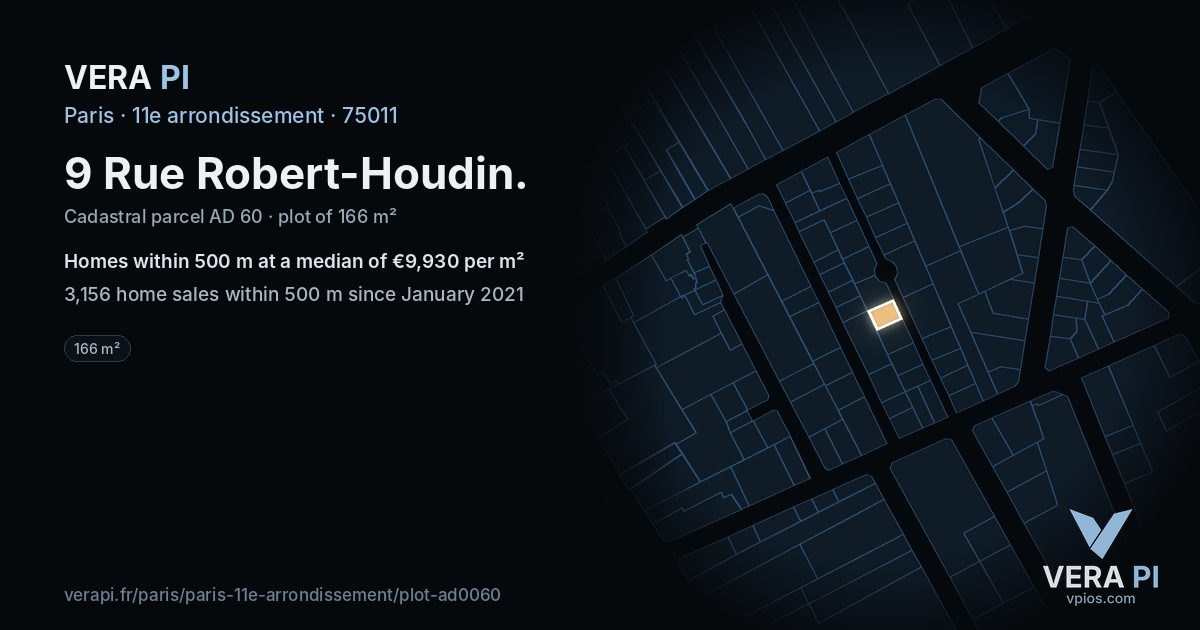 9 Rue Robert-Houdin, 11e arrondissement at night – the plot lit, the parcels around coloured by the prices near them