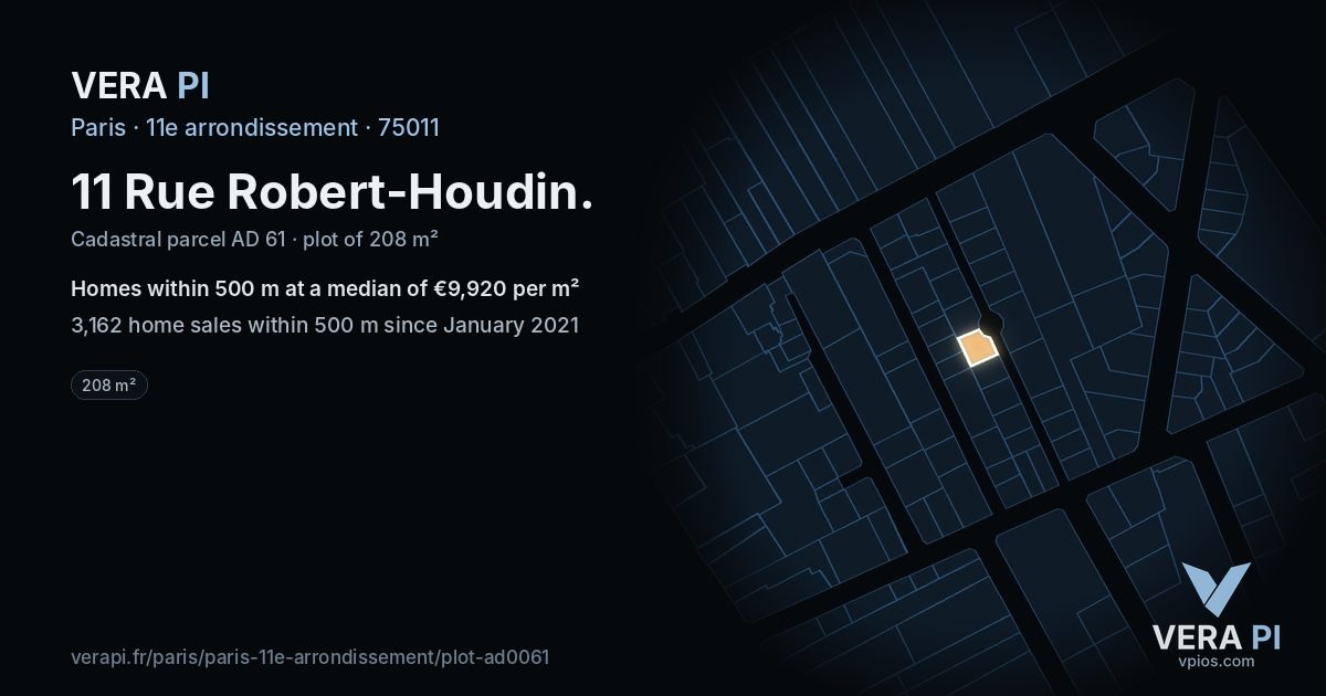 11 Rue Robert-Houdin, 11e arrondissement at night – the plot lit, the parcels around coloured by the prices near them