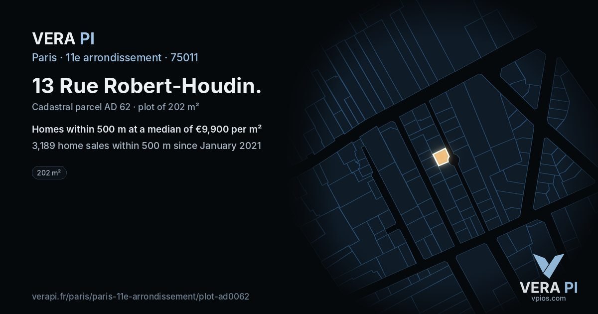 13 Rue Robert-Houdin, 11e arrondissement at night – the plot lit, the parcels around coloured by the prices near them