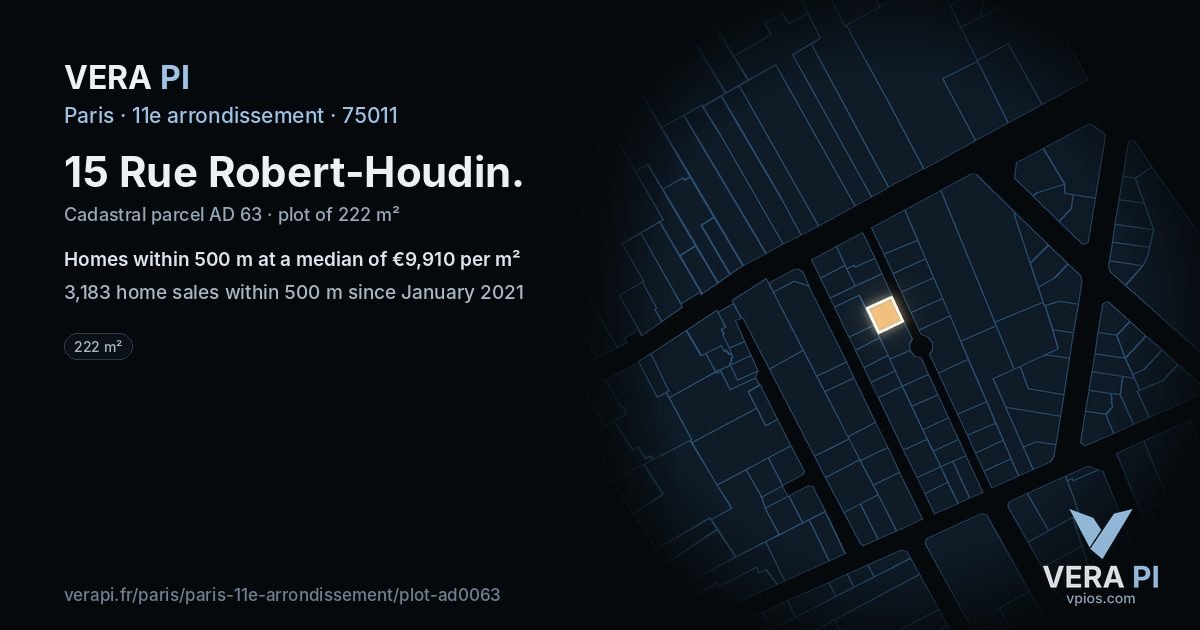 15 Rue Robert-Houdin, 11e arrondissement at night – the plot lit, the parcels around coloured by the prices near them