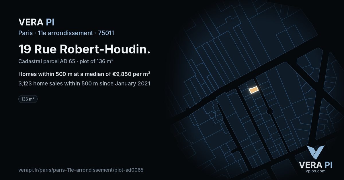 19 Rue Robert-Houdin, 11e arrondissement at night – the plot lit, the parcels around coloured by the prices near them