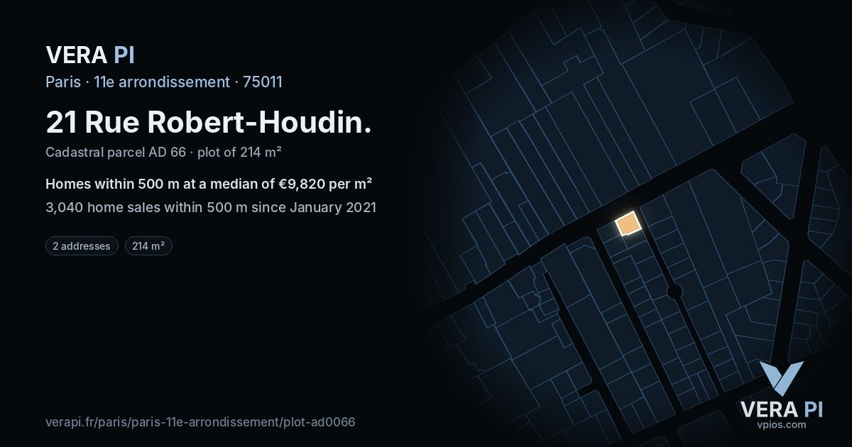 21 Rue Robert-Houdin, 11e arrondissement at night – the plot lit, the parcels around coloured by the prices near them