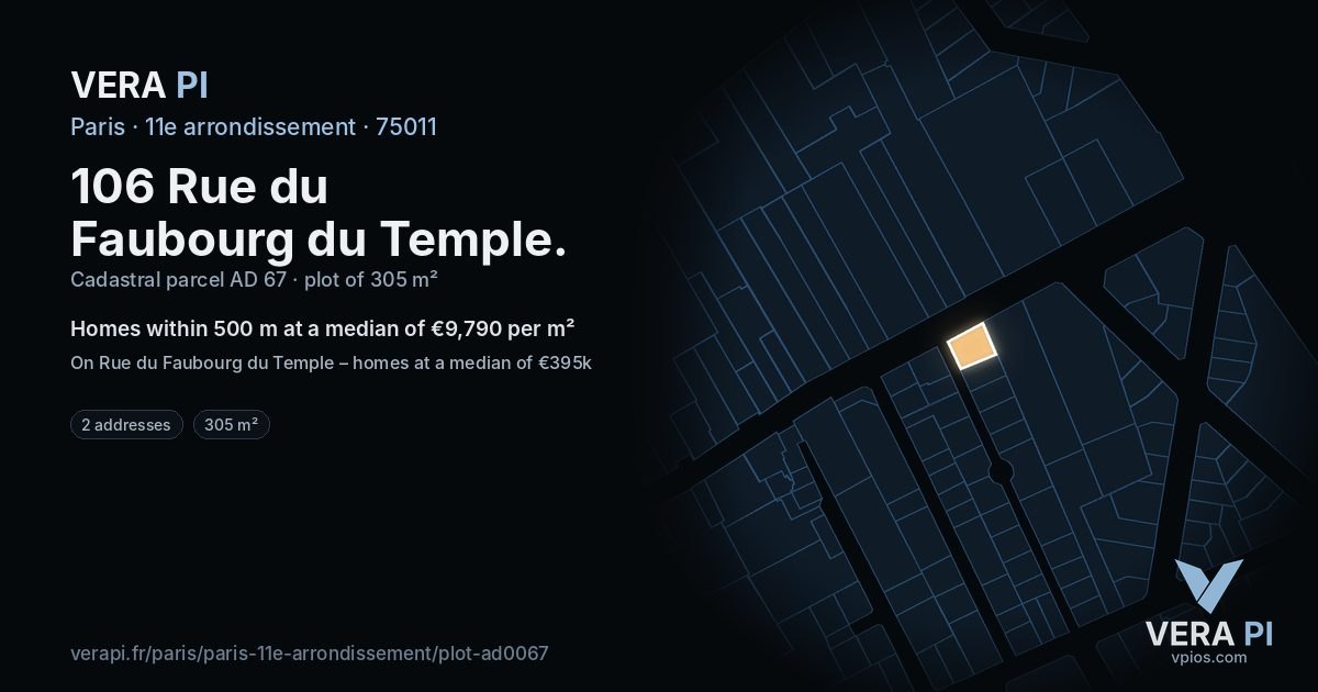 106 Rue du Faubourg du Temple, 11e arrondissement at night – the plot lit, the parcels around coloured by the prices near them