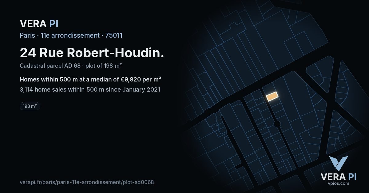 24 Rue Robert-Houdin, 11e arrondissement at night – the plot lit, the parcels around coloured by the prices near them