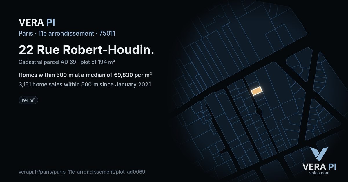 22 Rue Robert-Houdin, 11e arrondissement at night – the plot lit, the parcels around coloured by the prices near them