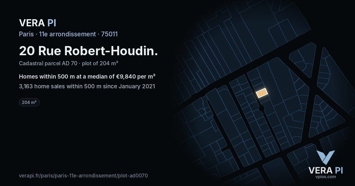 20 Rue Robert-Houdin, 11e arrondissement at night – the plot lit, the parcels around coloured by the prices near them