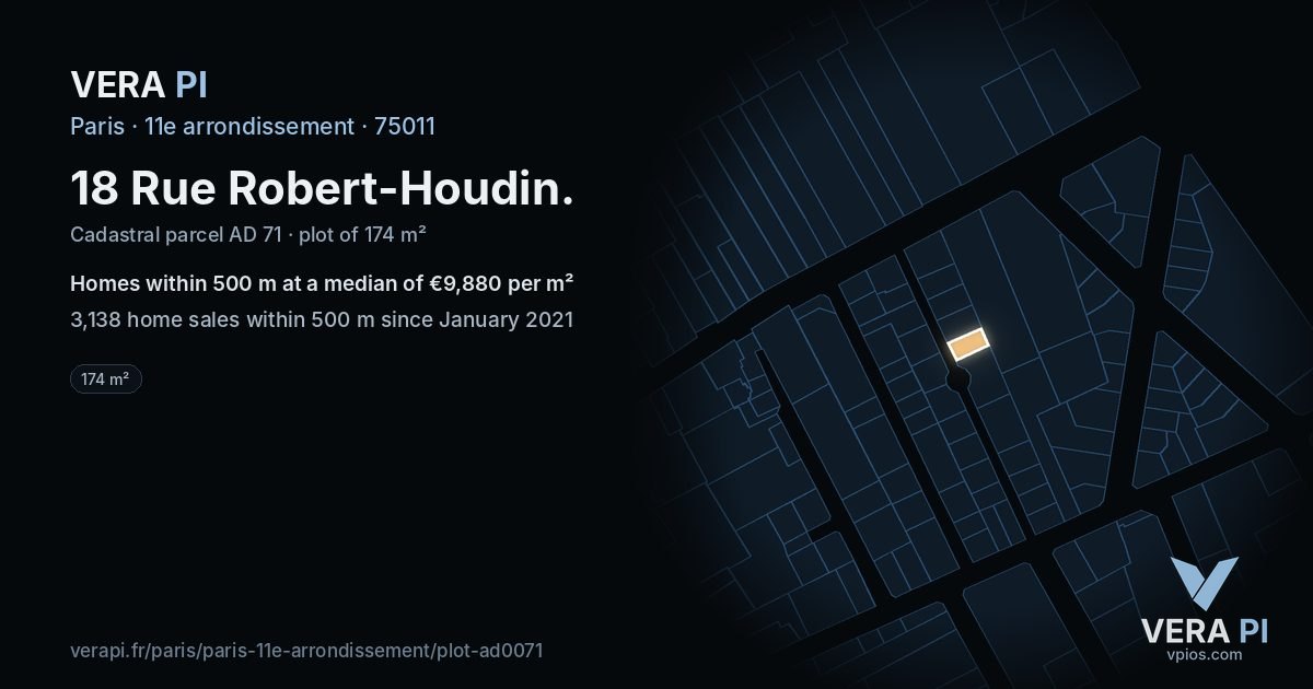 18 Rue Robert-Houdin, 11e arrondissement at night – the plot lit, the parcels around coloured by the prices near them