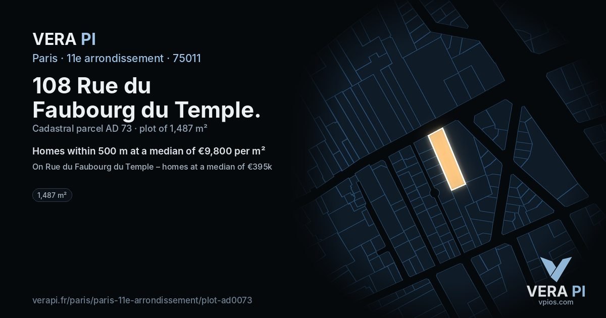 108 Rue du Faubourg du Temple, 11e arrondissement at night – the plot lit, the parcels around coloured by the prices near them